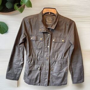 J Crew Jacket Women's Small‎ Full Zip Green Coat 100% Cotton Cinch Waist Pockets